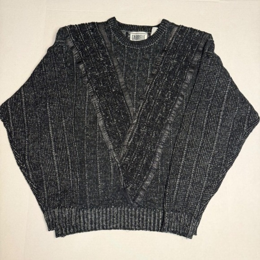 VTG Gabrielle Black Chunky Textured Knit Leather Trim Sweater Men's XL Dad